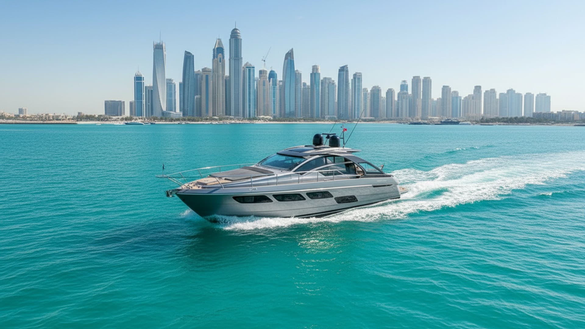 Dream Queen 52 ft aerial view cruising Dubai Marina