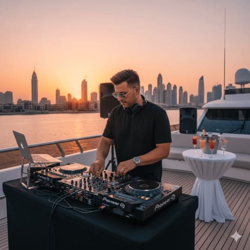 Luxury Dubai yacht entertainment: music, DJ, and activities.