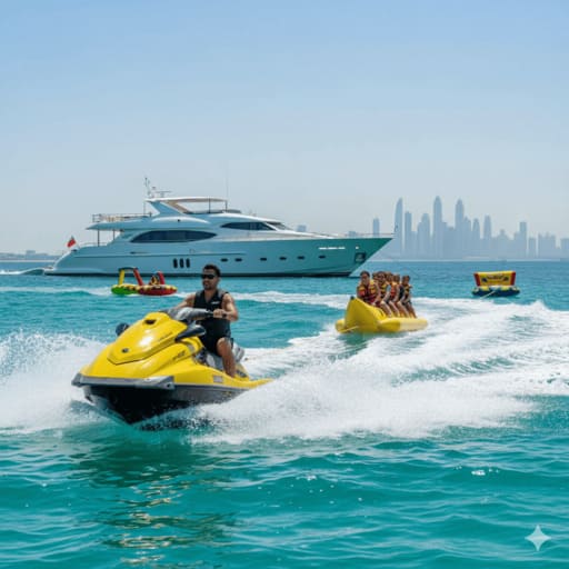 Dubai luxury yacht watersports: jet ski and diving.