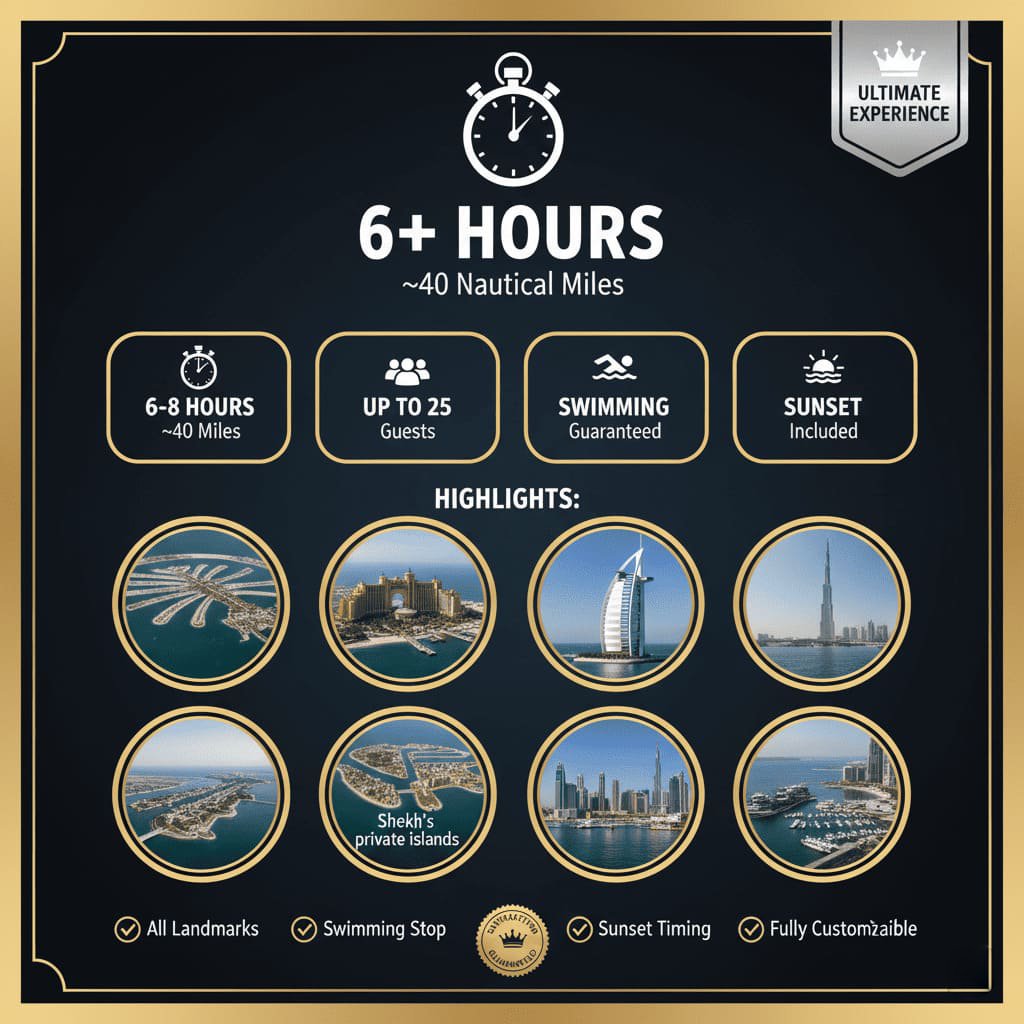 Dubai comprehensive yacht tour route experiencing all highlights.