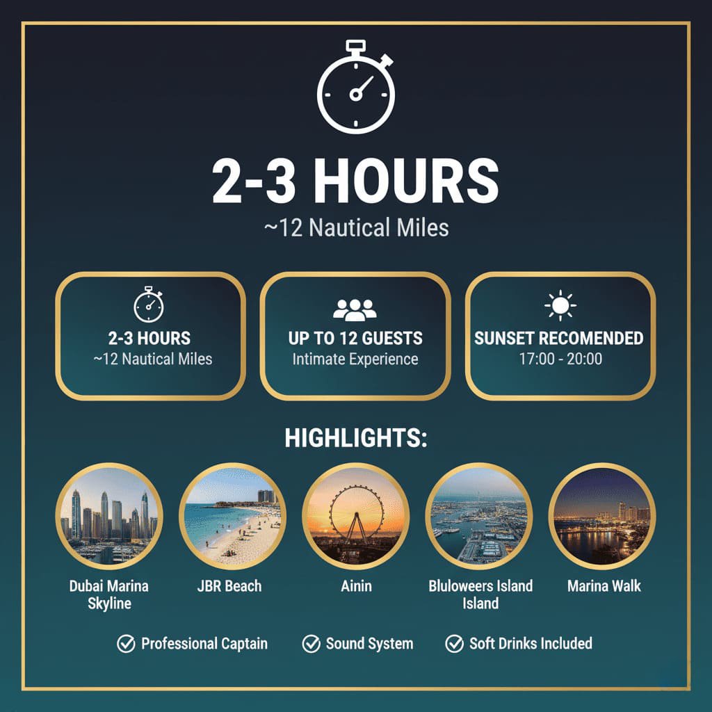 Dubai Marina JBR beach yacht tour route experience.