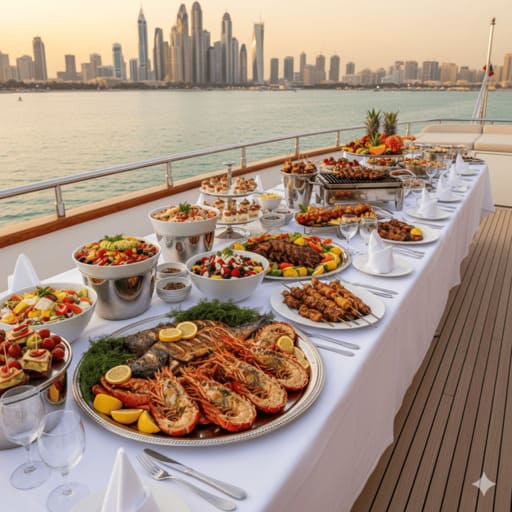 Dubai luxury yacht premium gourmet dining and catering.