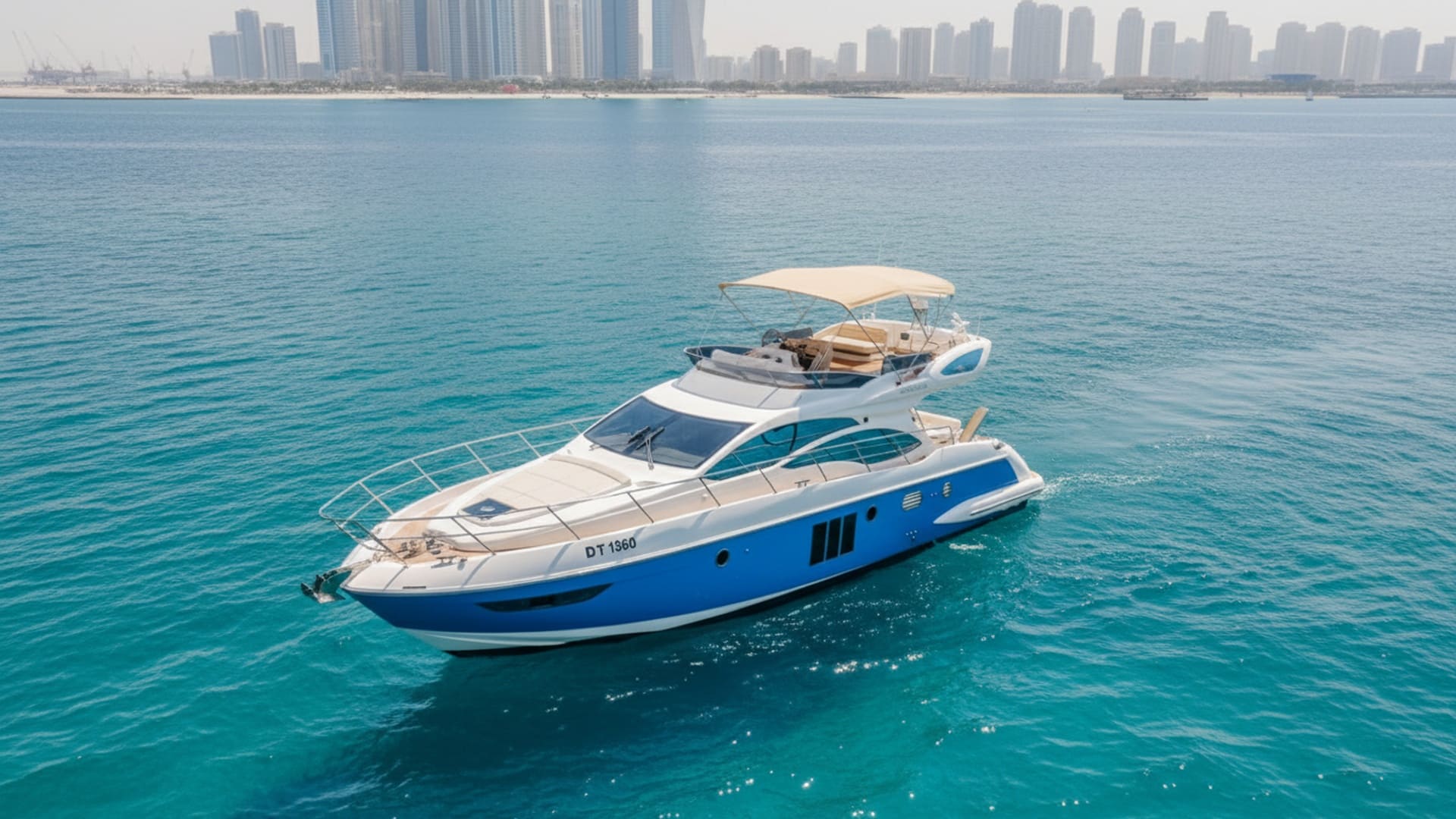 Breeze Spirit 48 ft yacht, aerial view, Dubai Marina