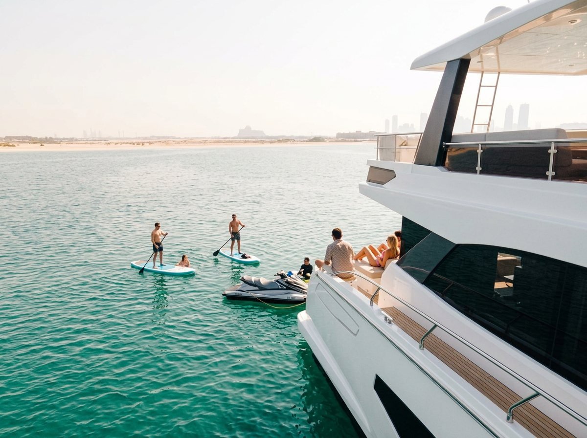 Active guests paddling on stand up paddleboards alongside the moored yacht