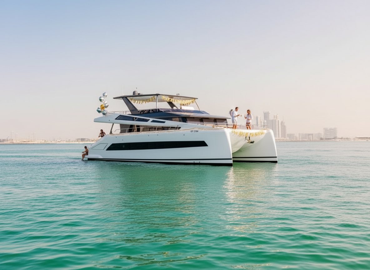 Celebratory party decorations and sparkling lights adorning a luxury motor yacht