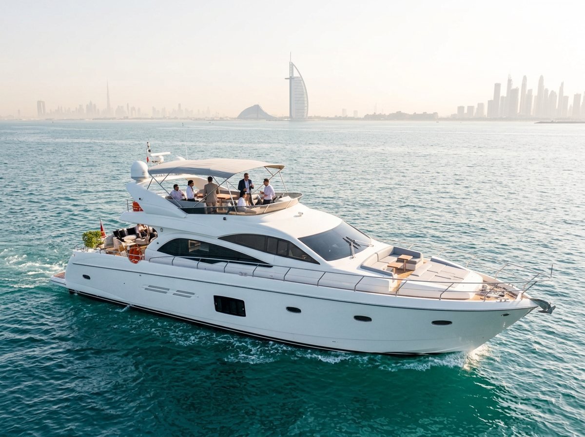 Corporate colleagues chatting over refreshments on the yacht flybridge