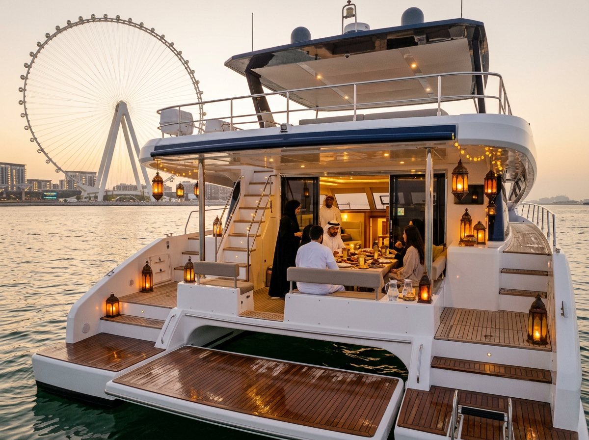 Decorative traditional lanterns casting a cozy glow inside the yacht saloon