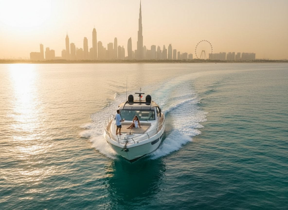 Der Bug der Yacht zeigt auf die imposante Skyline Dubais