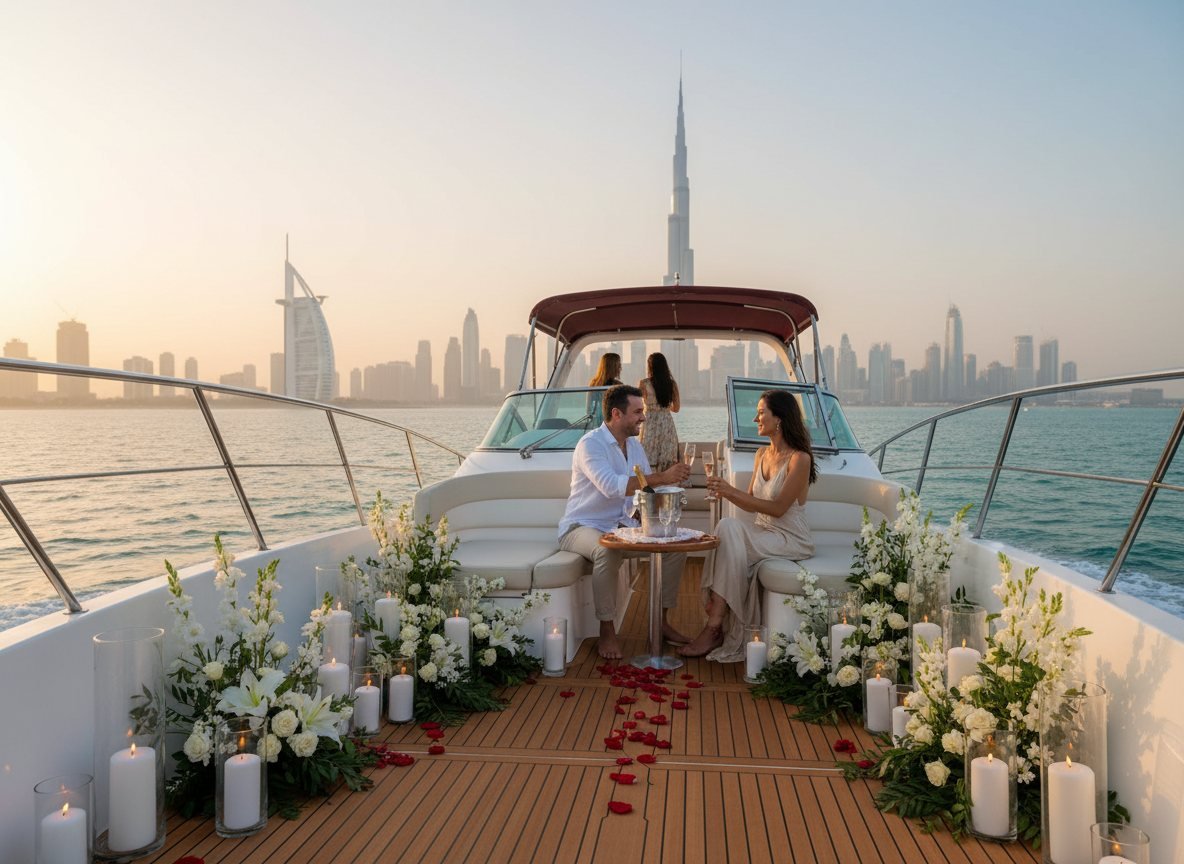 Elegant arrangement of candles and floral bouquets along the boat deck