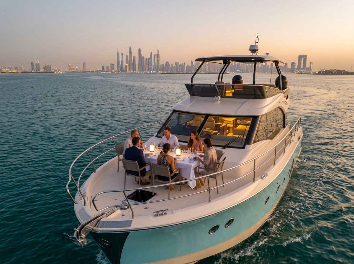 Elegant plated dinner arranged on the outdoor aft dining table of a yacht