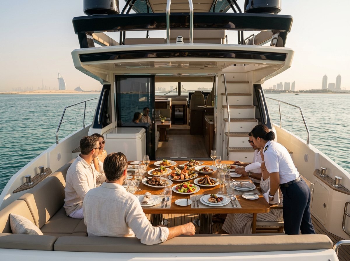 Elegant plated dinner arranged on the outdoor aft dining table of a yacht