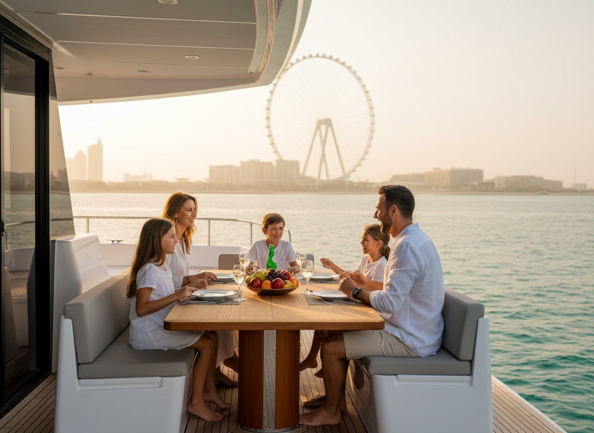 Family enjoying lunch together around the stern dining table on board