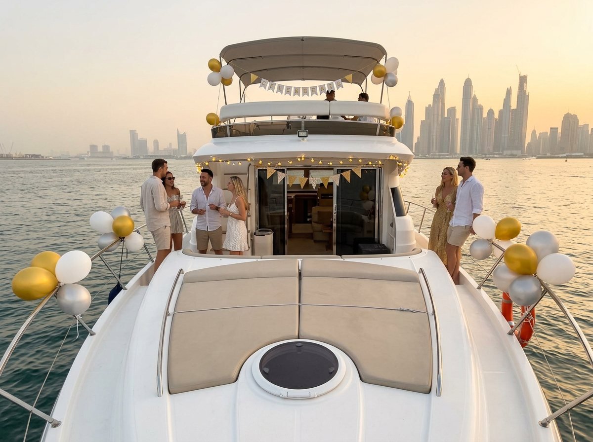 Festive party balloons and celebration banner decorating a luxurious yacht saloon