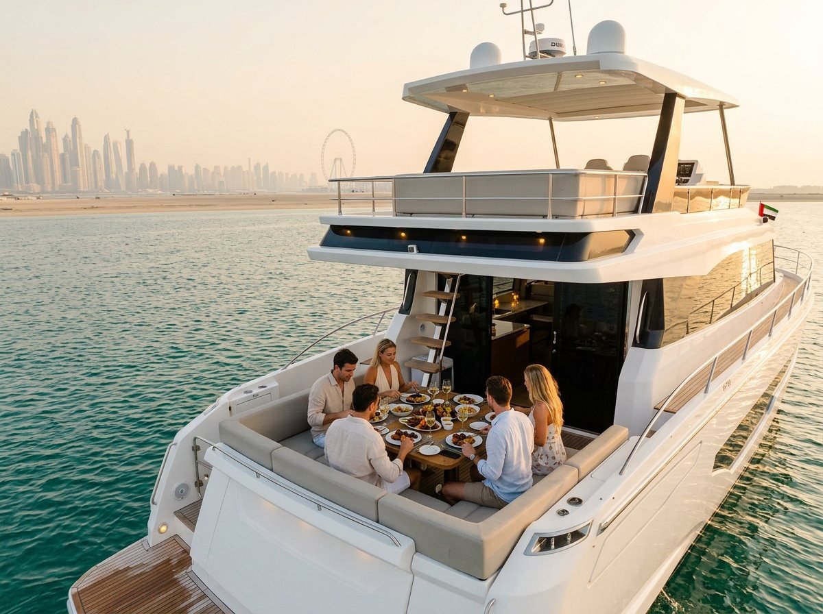 Fine dining lunch served on the stern table overlooking the coastline