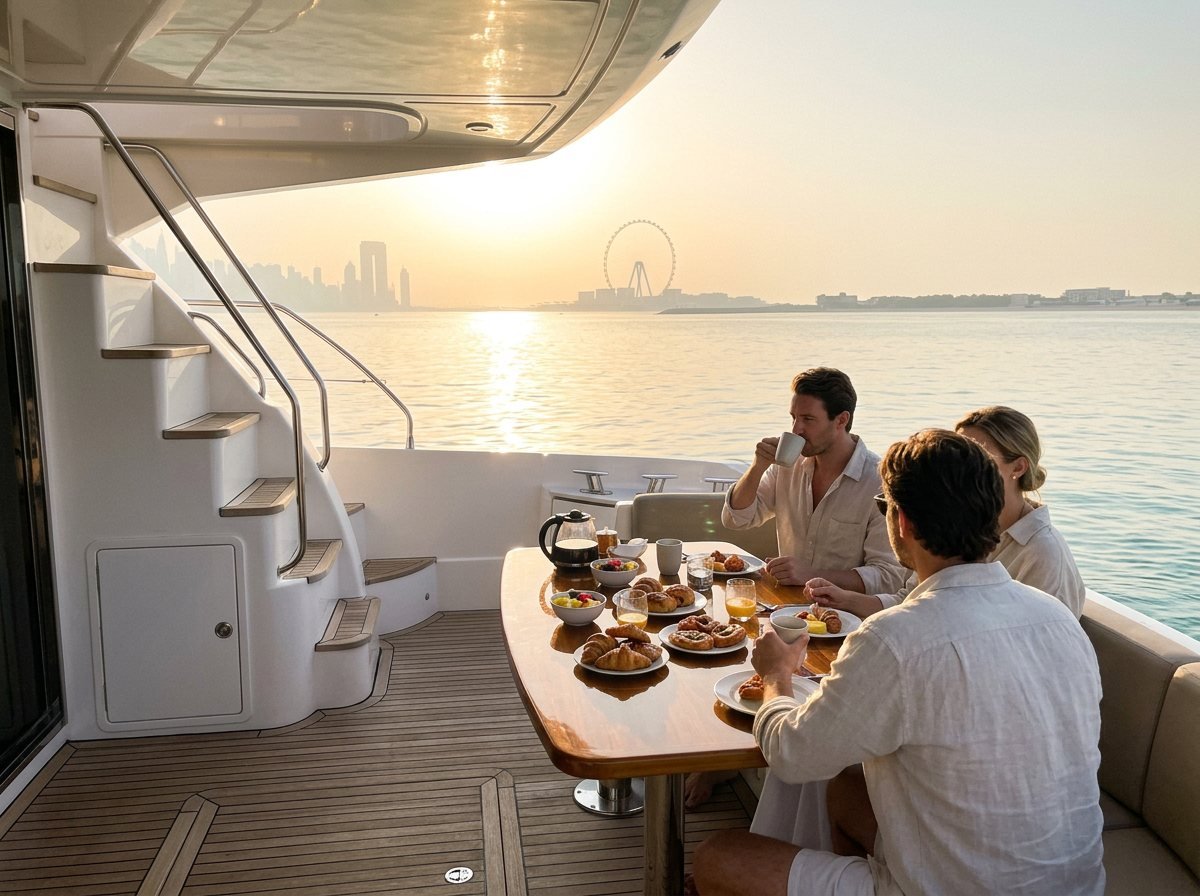 Freshly brewed coffee and morning breakfast pastries on the aft table