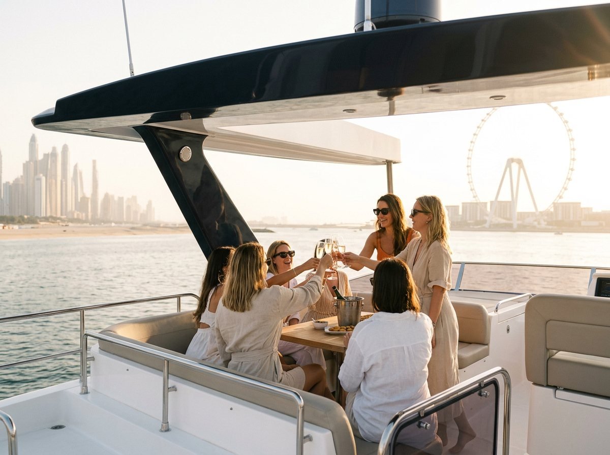 Friends celebrating and clinking glasses together on the upper deck of a yacht