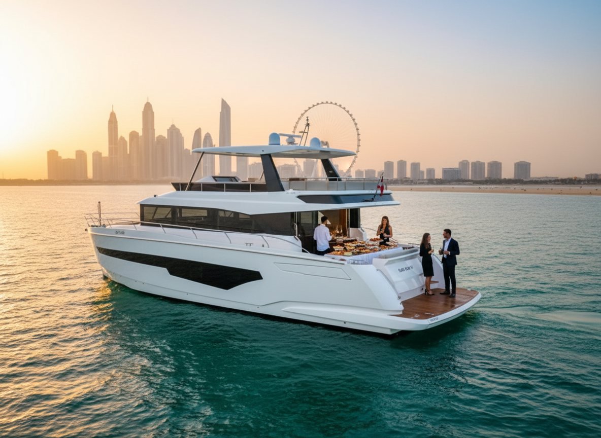Gourmet corporate buffet spread prepared inside the spacious yacht interior saloon