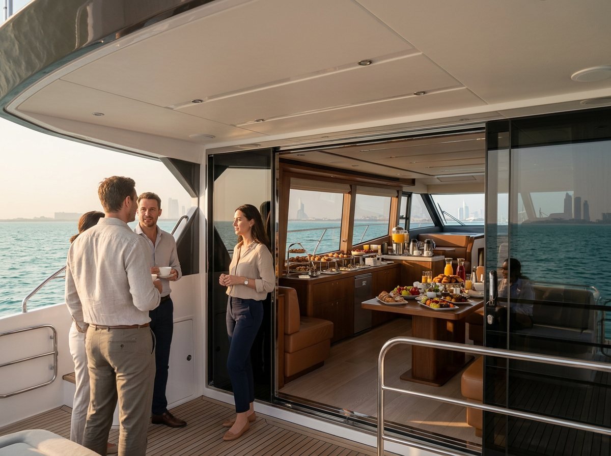 Lavish corporate buffet spread arranged inside a spacious yacht saloon