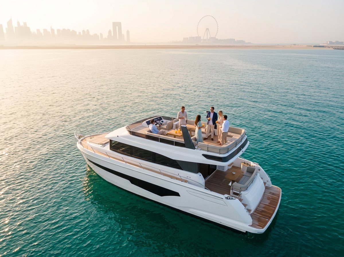 Professionals networking with drinks on the upper flybridge of a cruising yacht