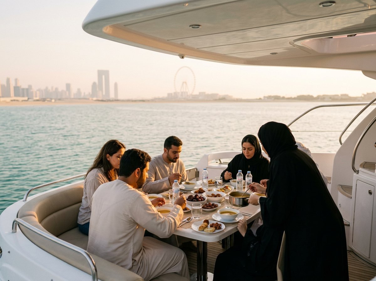 Traditional iftar platter with fresh dates, water, and warm soup on deck